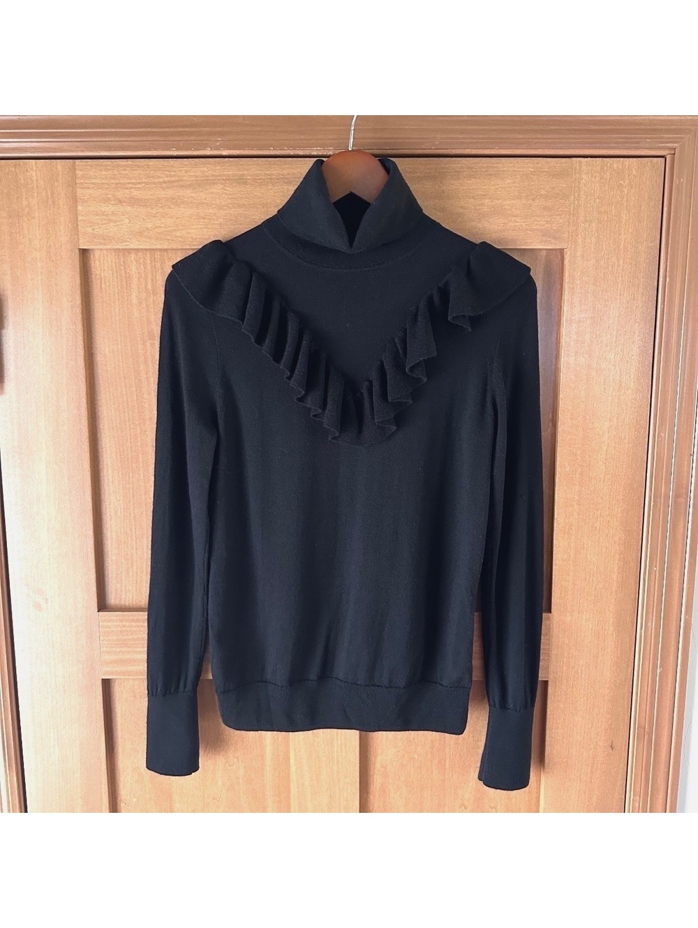 J.Crew Merino Wool Black Ruffle Turtle Neck Zipper Sleeve Sweater Women’s Small